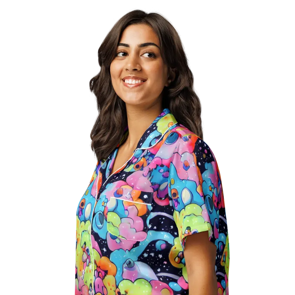 Neon Creature Cosmos on Women's Short Sleeve Pajama Top — Left Front