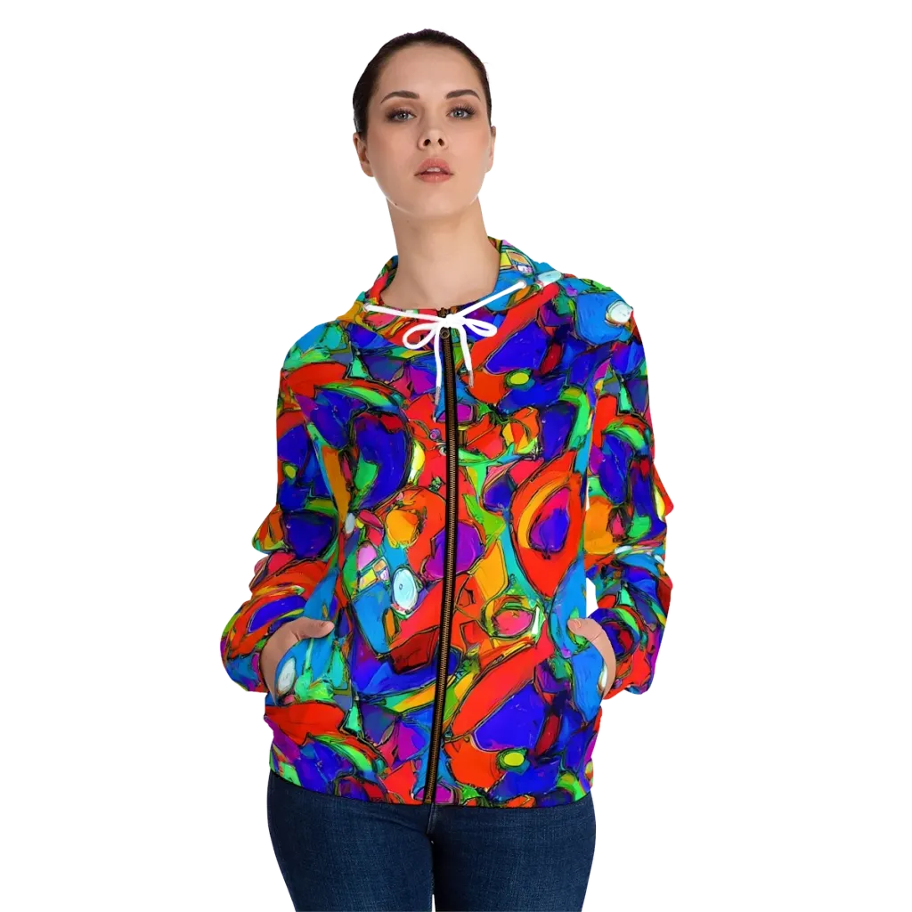 Kaleidoscope Clash on Women's Full-Zip Hoodie — Front On Person