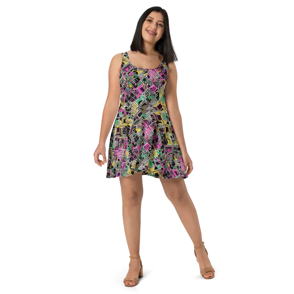 Neon Maze on Skater Dress — Front