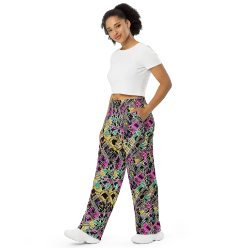 Neon Maze on a Wide-Leg Pants