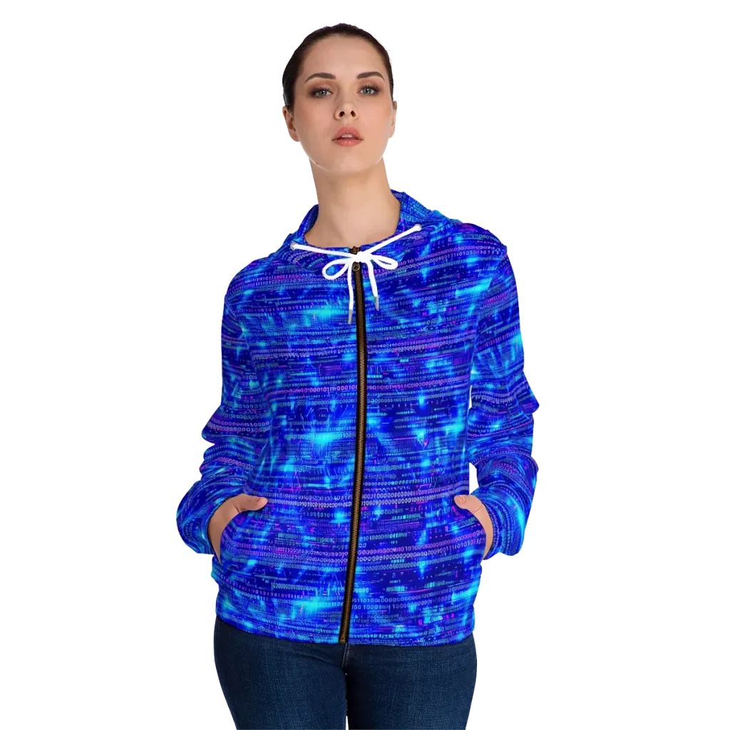 Neon Cipher on Women's Full-Zip Hoodie — Front On Person