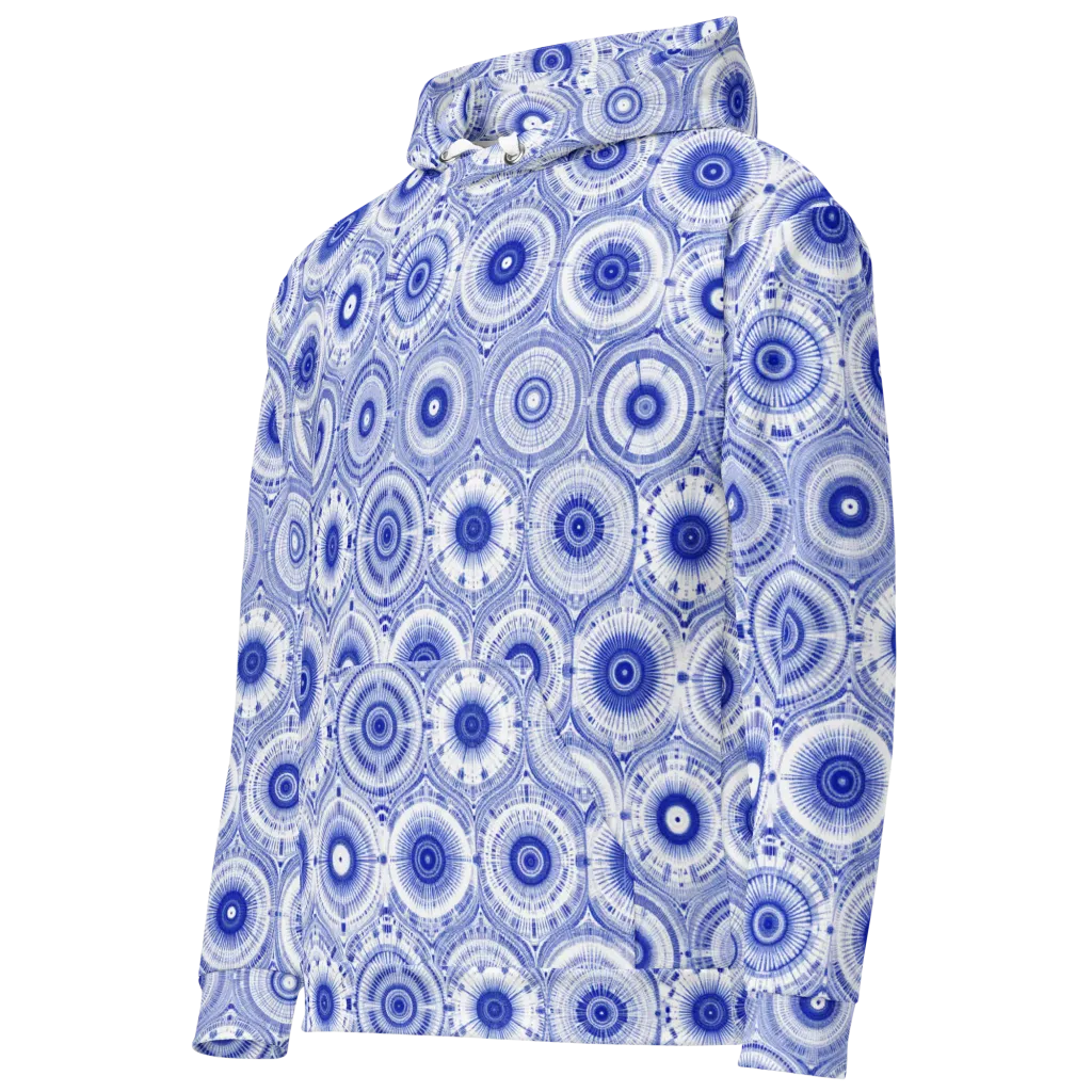 Indigo Circuit on Cotton Hoodie — Left Front