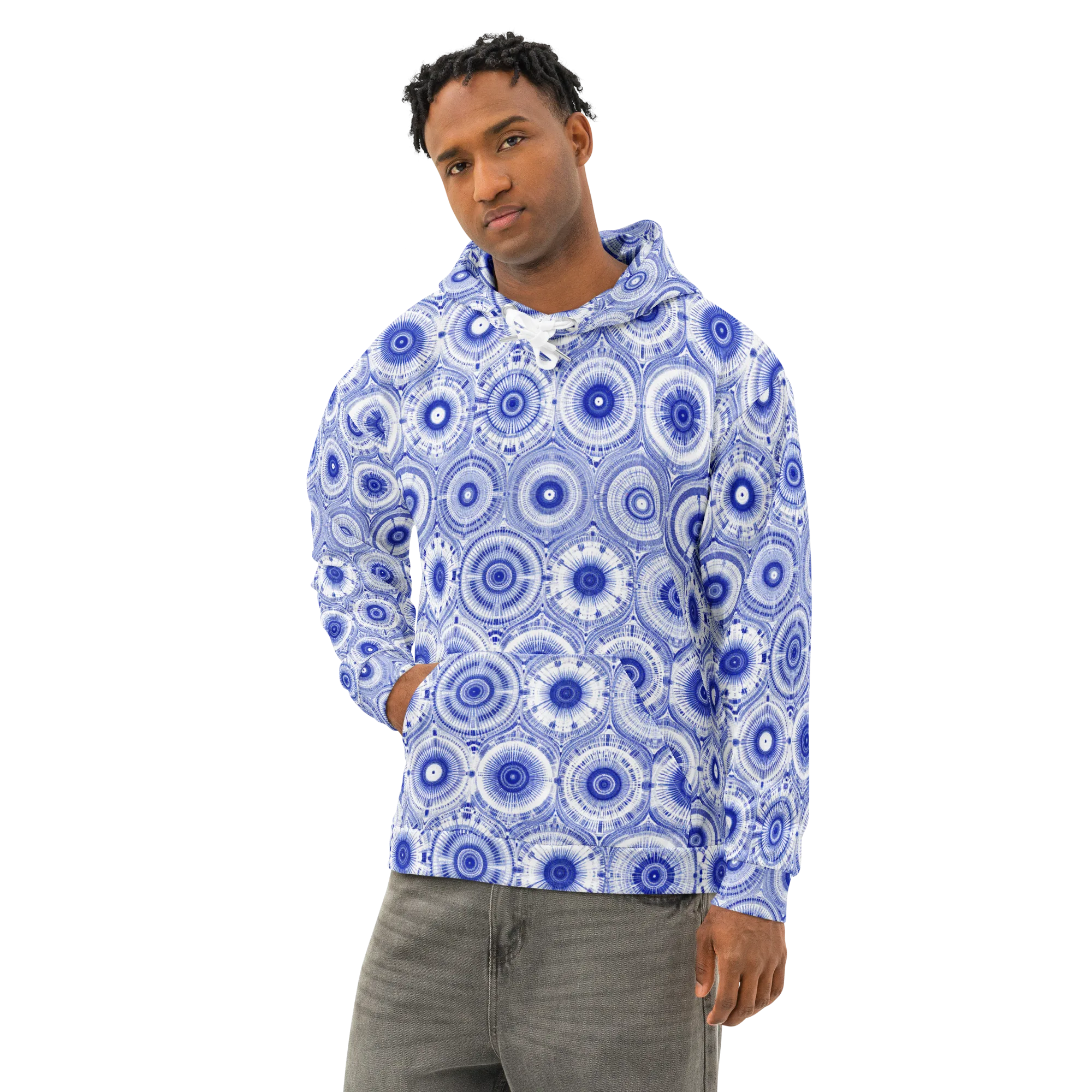 Indigo Circuit on Cotton Hoodie — Left Front