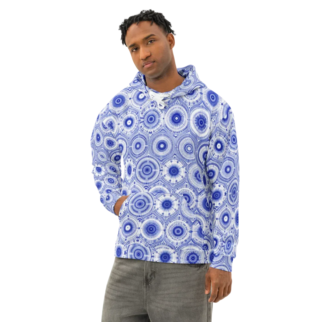 Indigo Circuit on Cotton Hoodie — Left Front