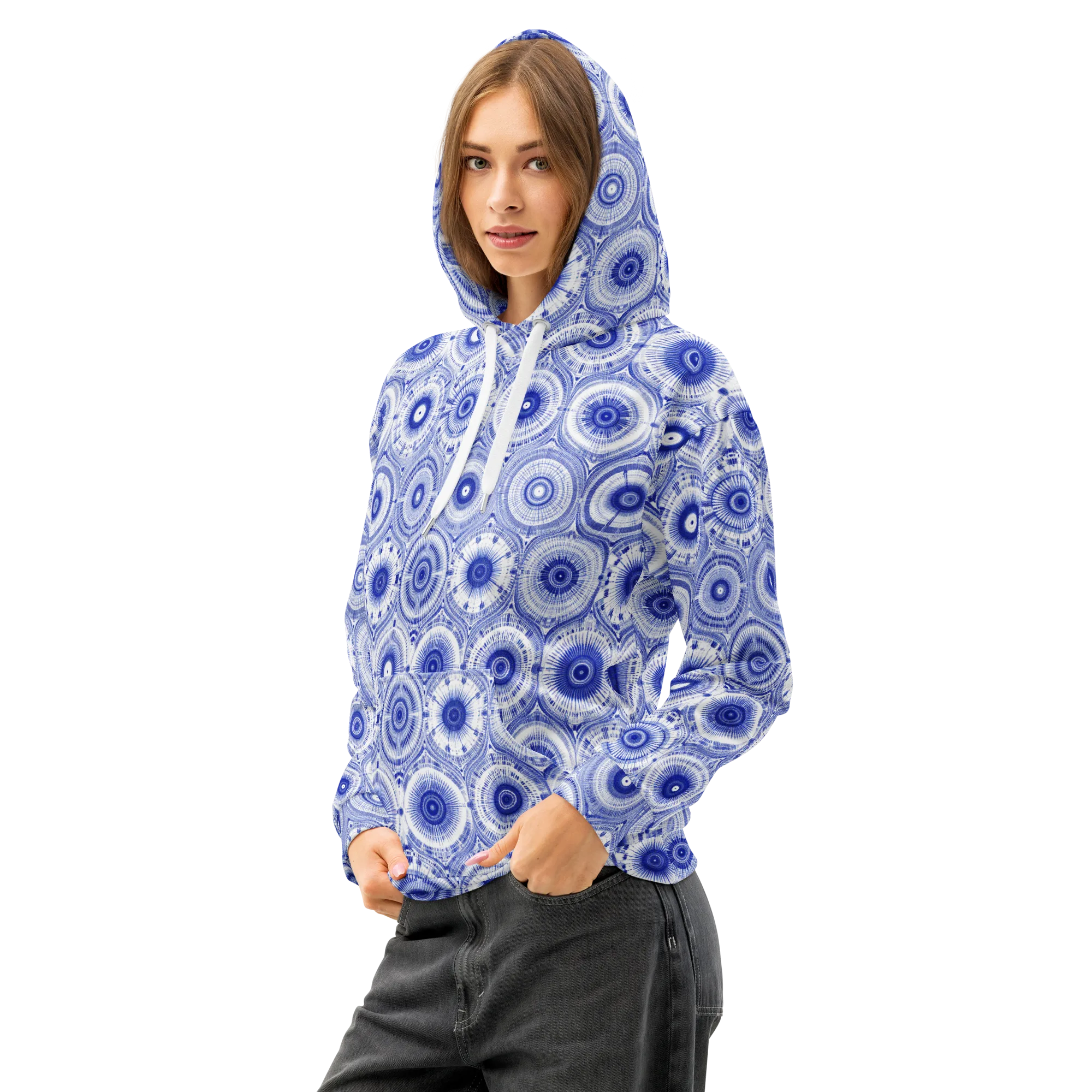 Indigo Circuit on Cotton Hoodie — Left Front