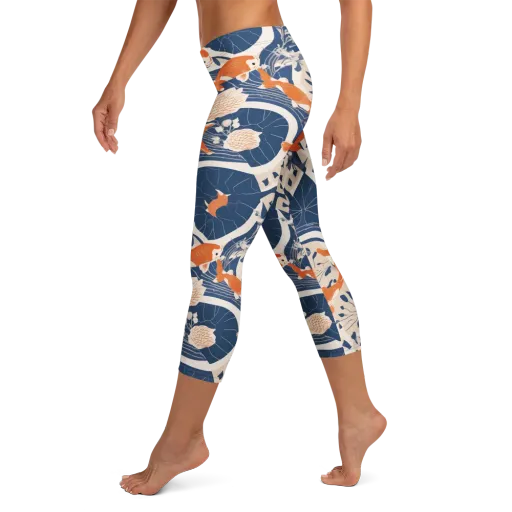 Indigo Koi Garden on a Capri Leggings