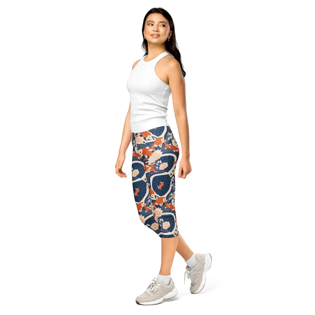 Indigo Koi Garden on Capri Leggings — Left Front