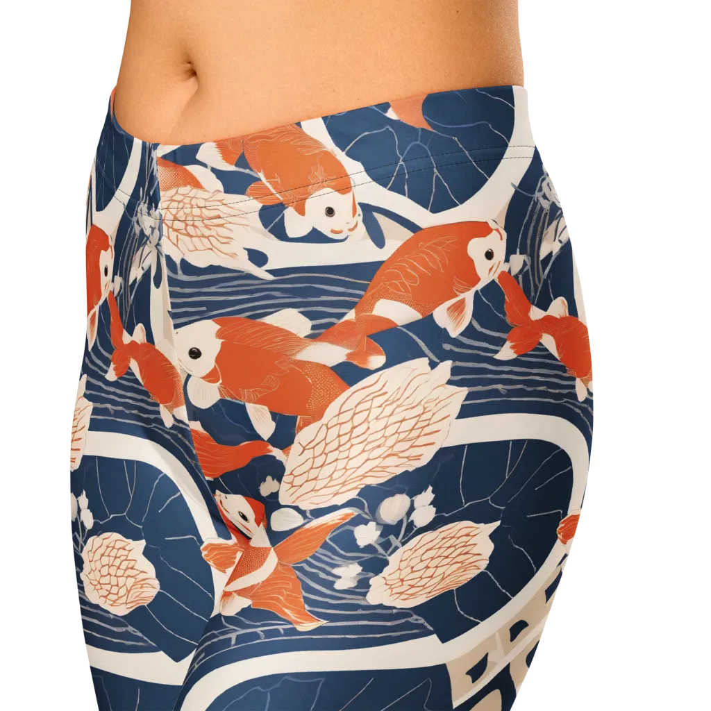 Indigo Koi Garden on Capri Leggings — Zoomed-in