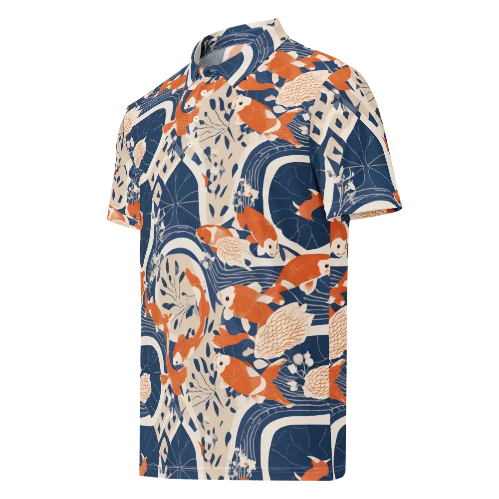 Indigo Koi Garden on Men's Slim Fit Polo Shirt — Left Front