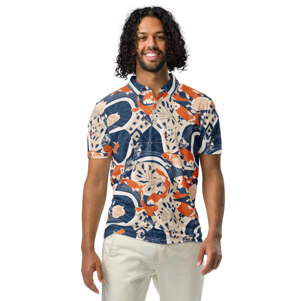 Indigo Koi Garden on Men's Slim Fit Polo Shirt — Front