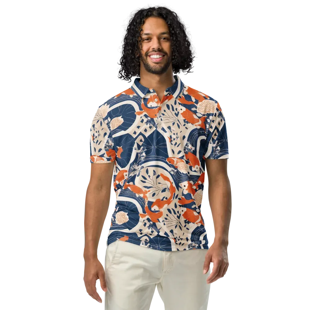 Indigo Koi Garden on Men's Slim Fit Polo Shirt — Front