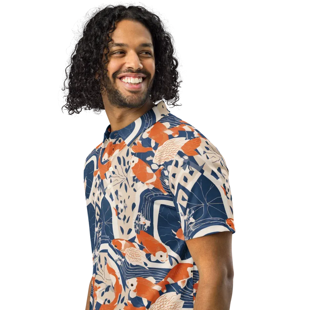 Indigo Koi Garden on Men's Slim Fit Polo Shirt — Left Front