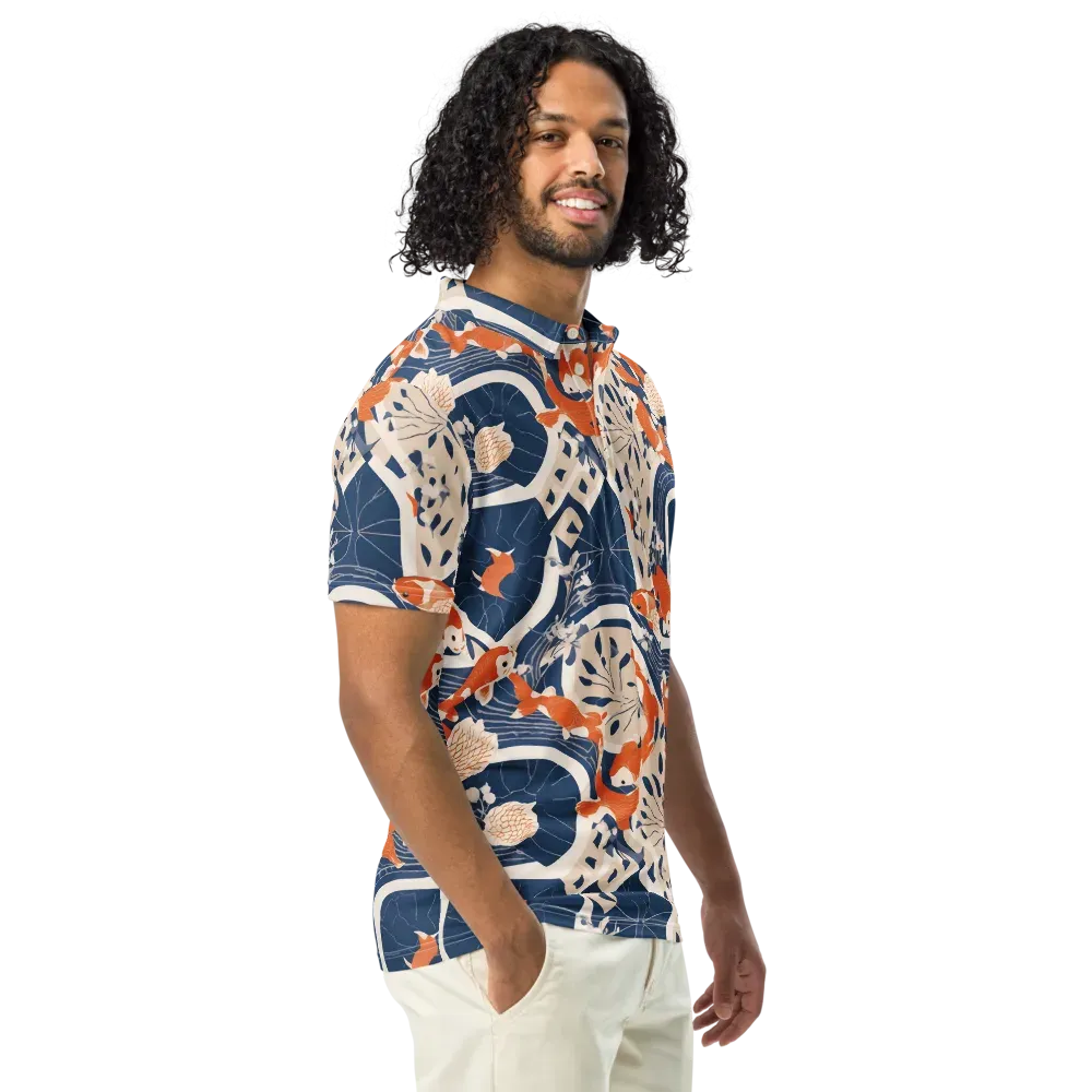 Indigo Koi Garden on Men's Slim Fit Polo Shirt — Right Front