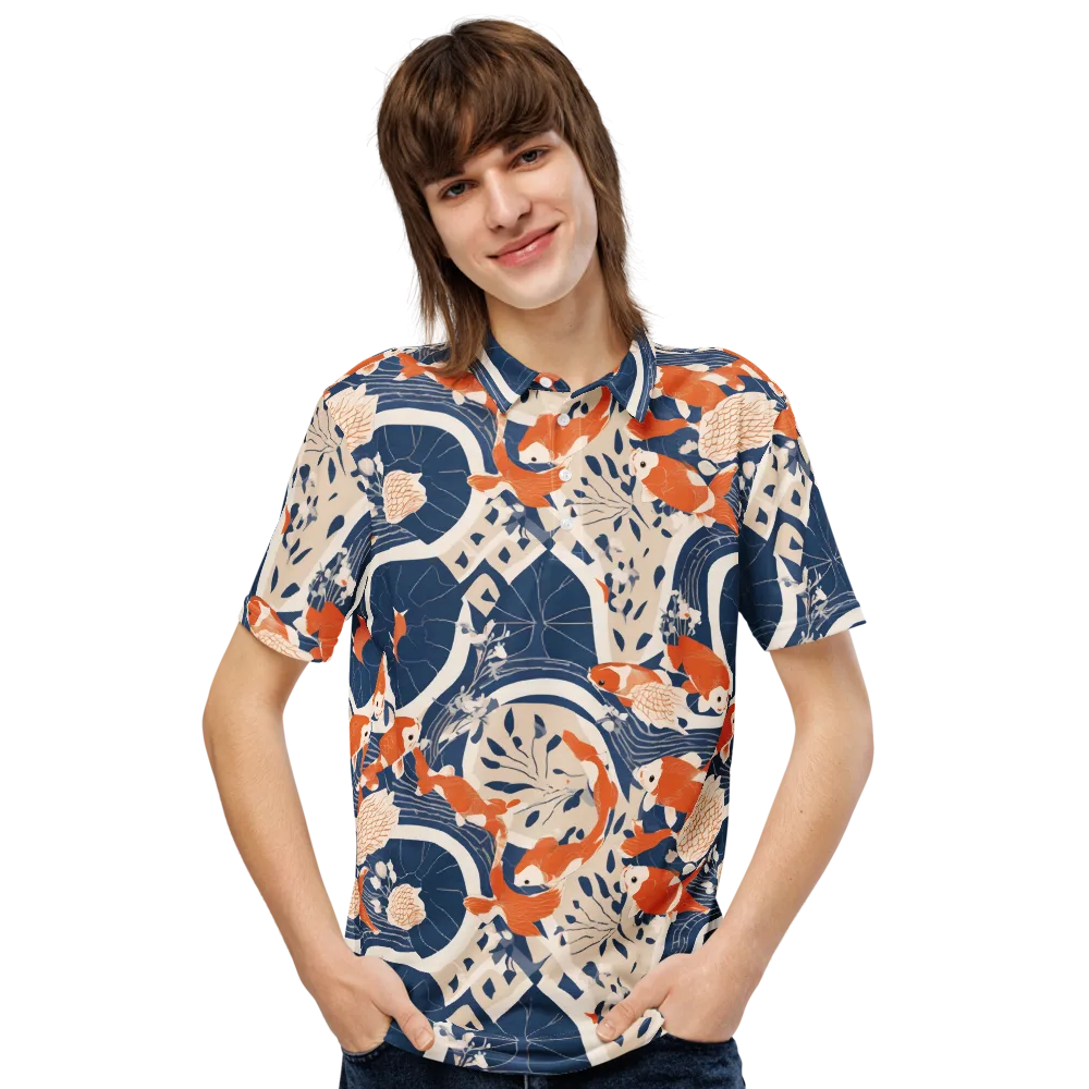 Indigo Koi Garden on Men's Slim Fit Polo Shirt — Front