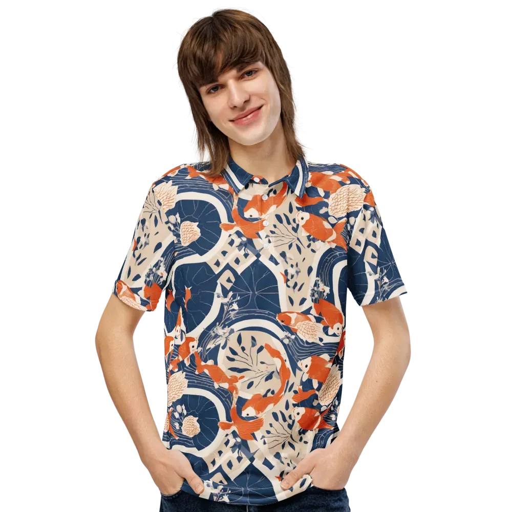 Indigo Koi Garden on Men's Slim Fit Polo Shirt — Front