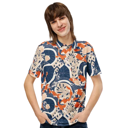 Indigo Koi Garden on a Men's Slim Fit Polo Shirt