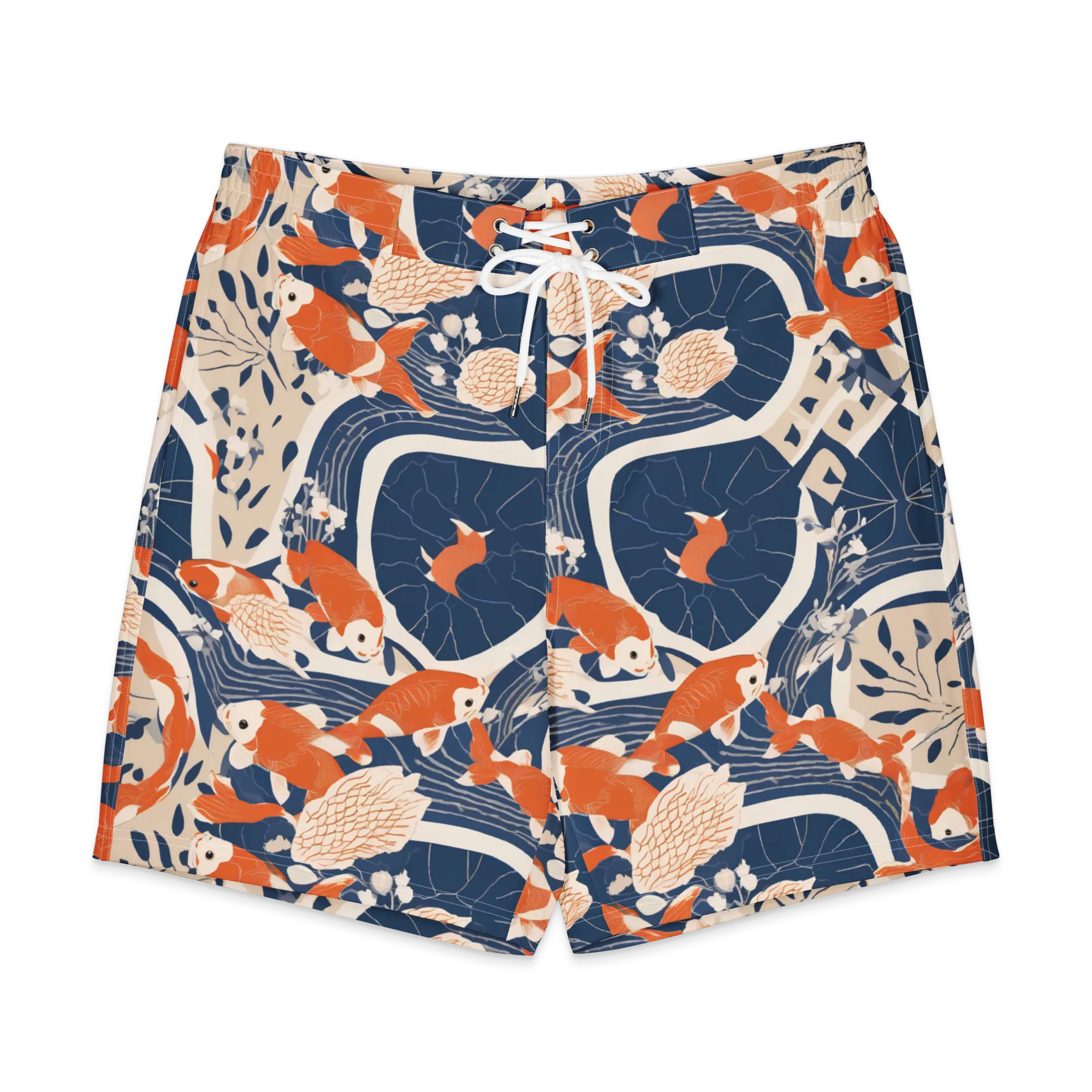 Indigo Koi Garden on Men's Board Shorts — Front