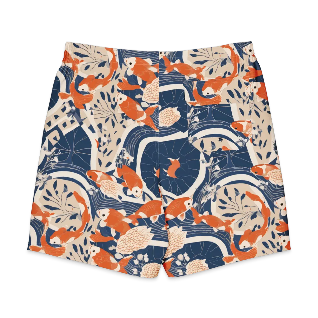 Indigo Koi Garden on Men's Board Shorts — Back