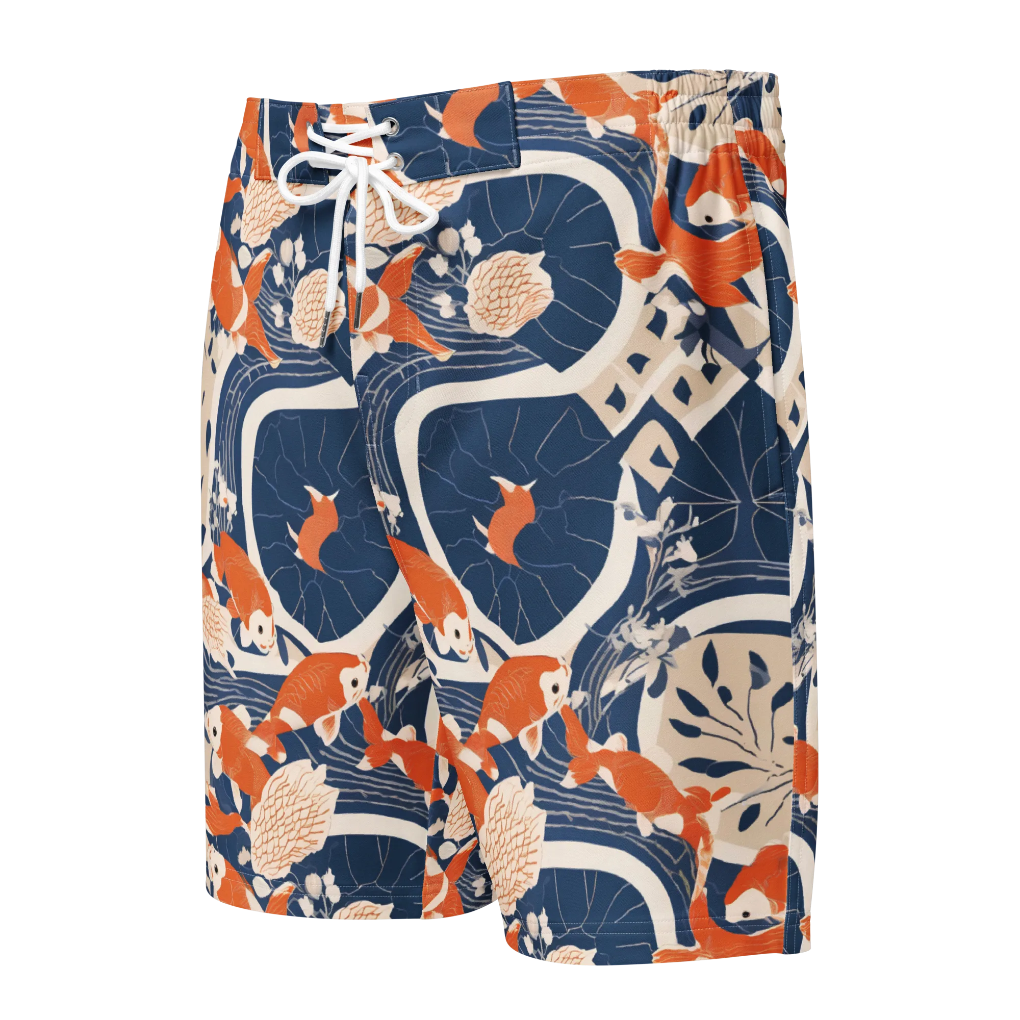 Indigo Koi Garden on Men's Board Shorts — Front