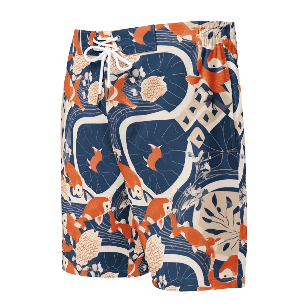 Indigo Koi Garden on Men's Board Shorts — Front