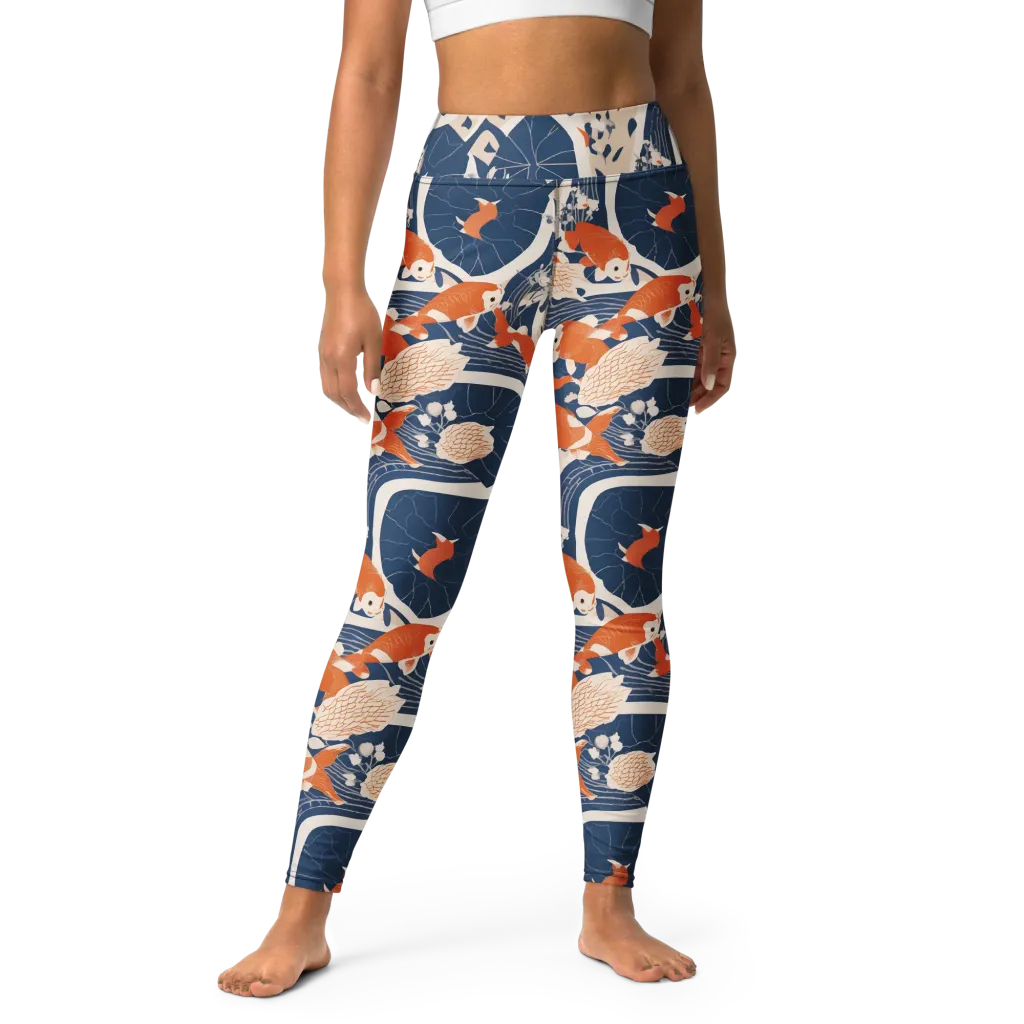 Indigo Koi Garden on Yoga Leggings — Front