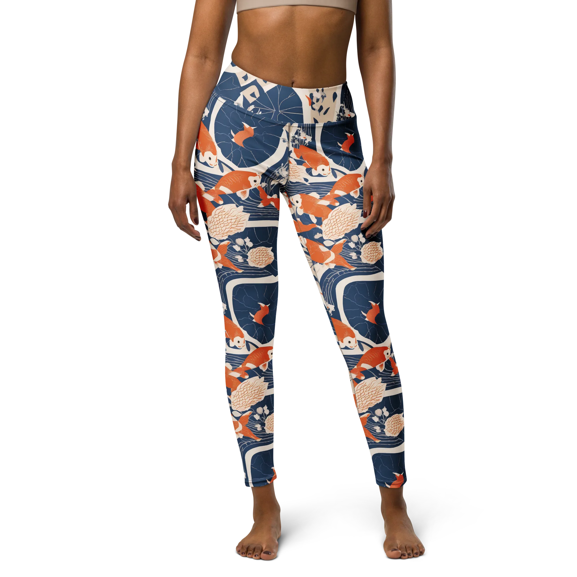 Indigo Koi Garden on Yoga Leggings — Front