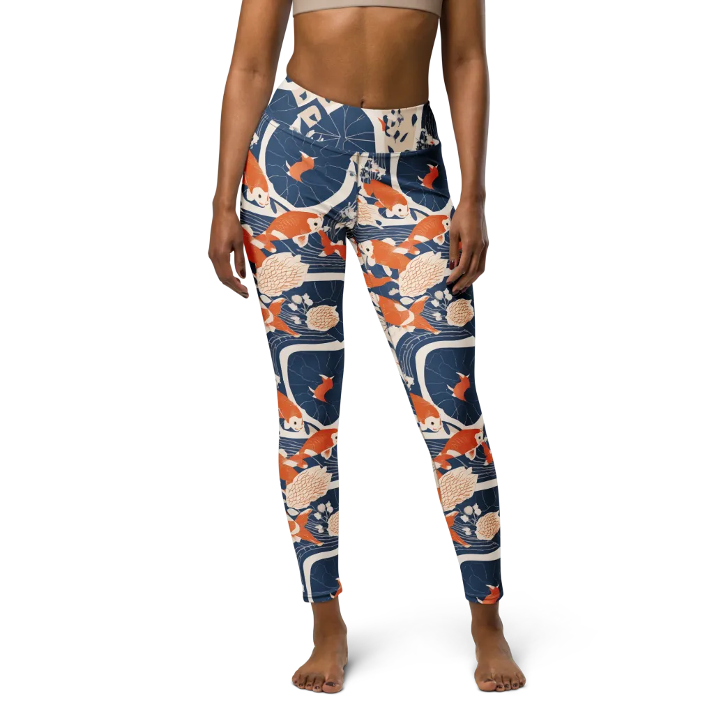 Indigo Koi Garden on Yoga Leggings — Front