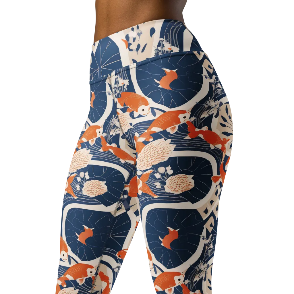 Indigo Koi Garden on Yoga Leggings — Left Front