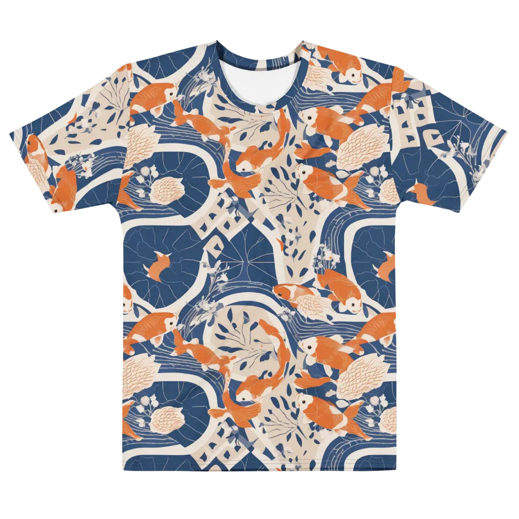 Indigo Koi Garden on Men's Cotton Crew Neck T-Shirt — Front