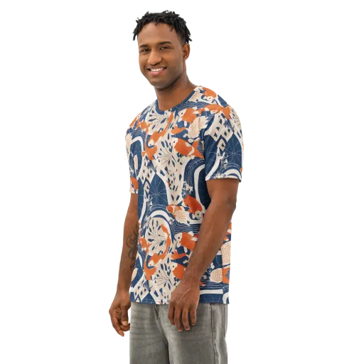 Indigo Koi Garden on a Men's Cotton Crew Neck T-Shirt