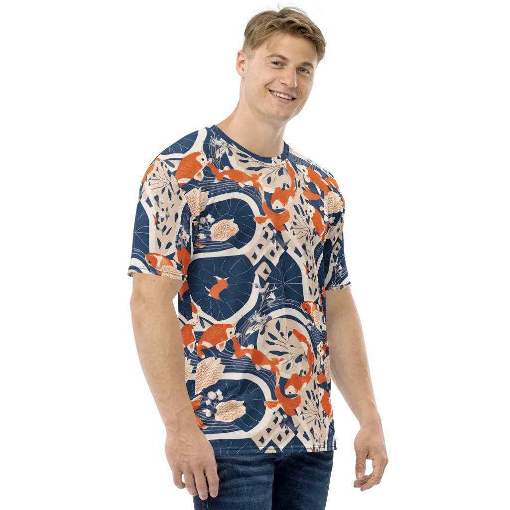 Indigo Koi Garden on Men's Crew Neck T-Shirt — Right