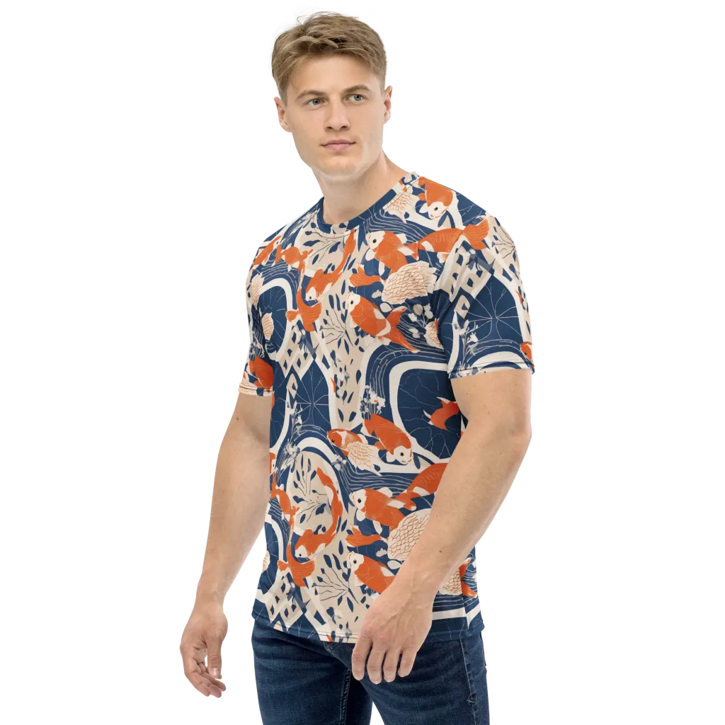 Indigo Koi Garden on Men's Crew Neck T-Shirt — Left