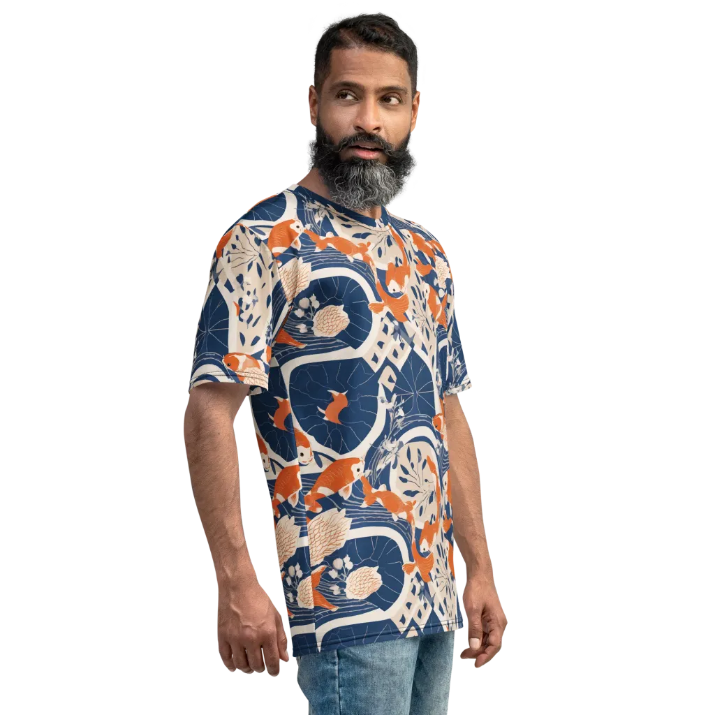 Indigo Koi Garden on Men's Crew Neck T-Shirt — Right