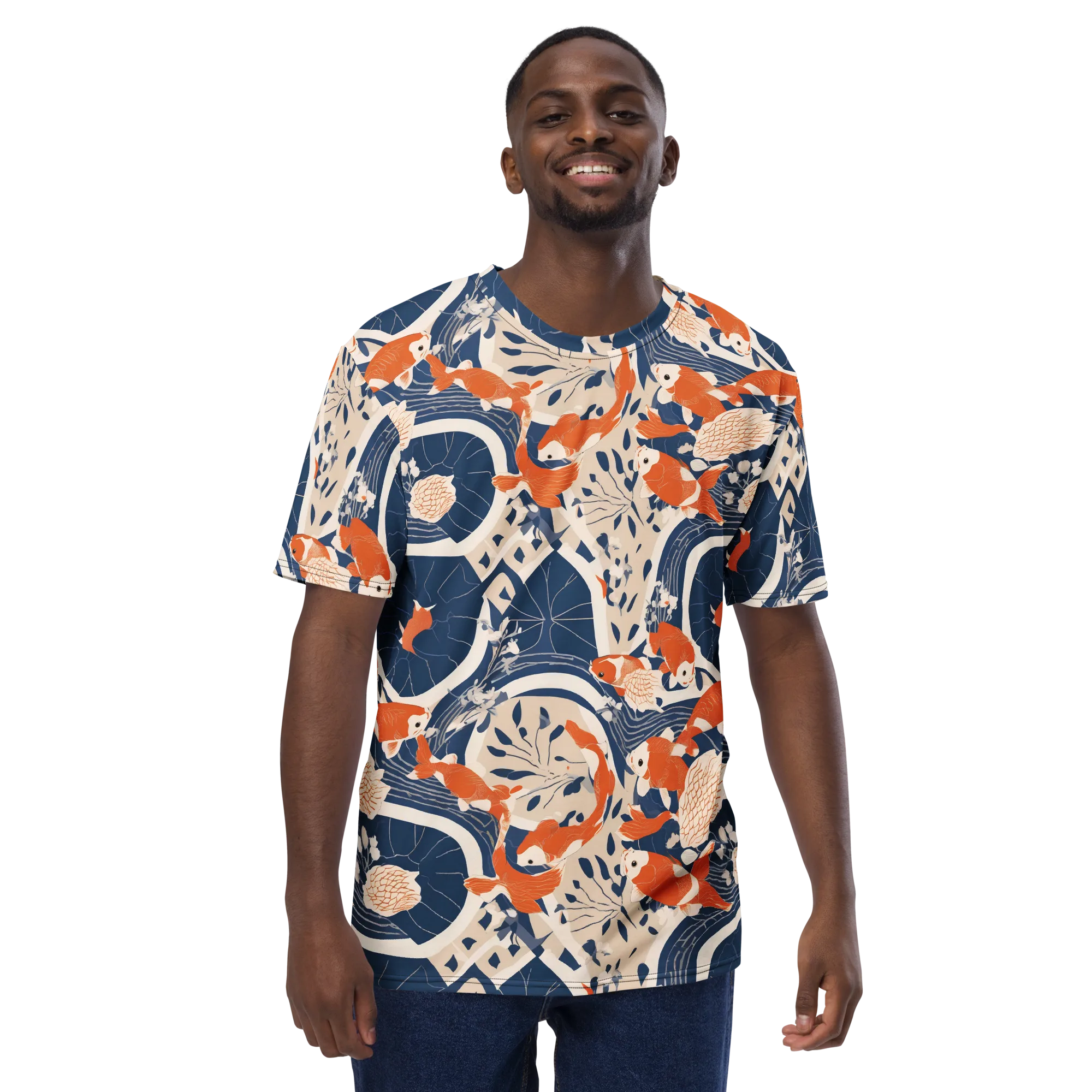 Indigo Koi Garden on Men's Crew Neck T-Shirt — Front