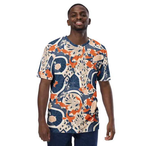 Indigo Koi Garden on a Men's Crew Neck T-Shirt