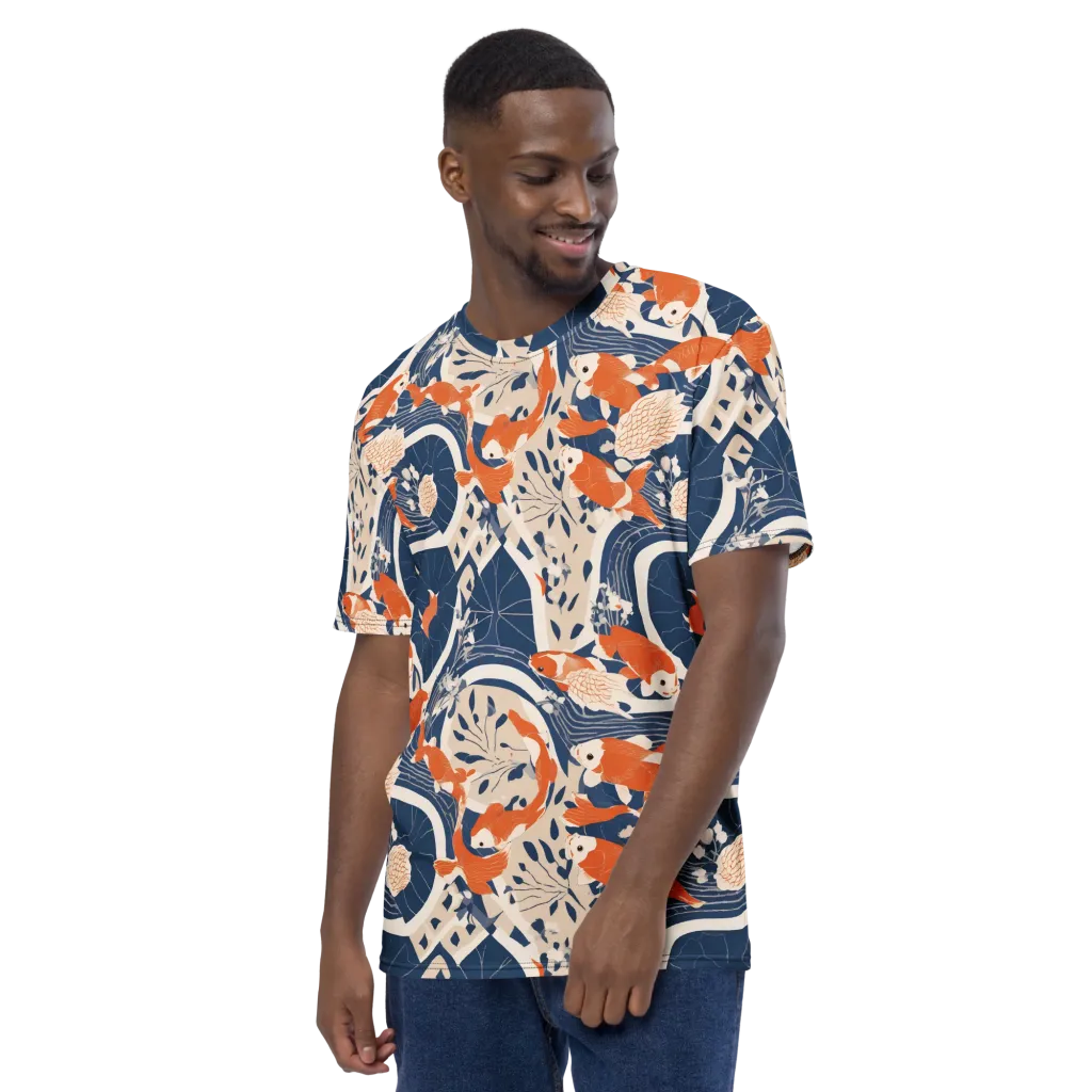 Indigo Koi Garden on Men's Crew Neck T-Shirt — Left