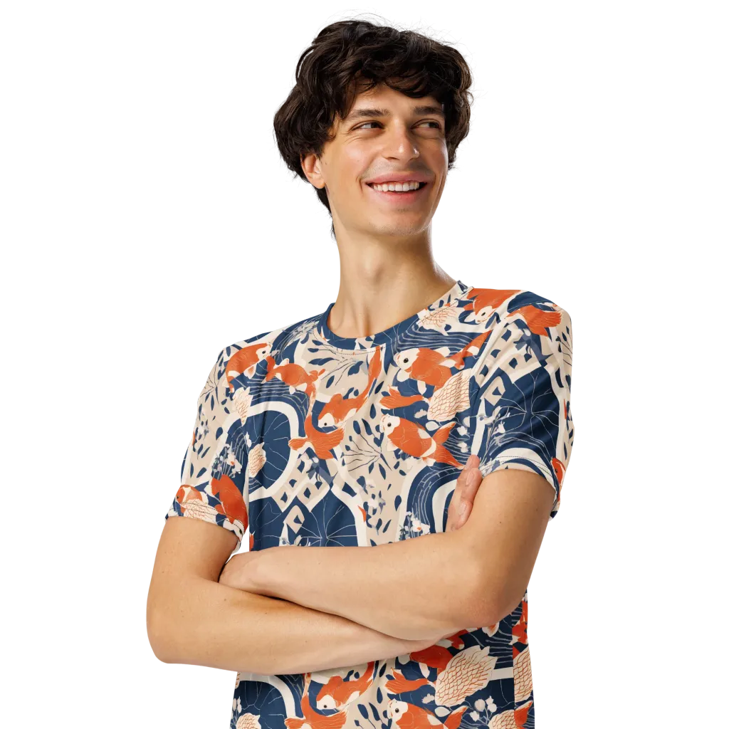 Indigo Koi Garden on Men's Crew Neck T-Shirt — Left Front