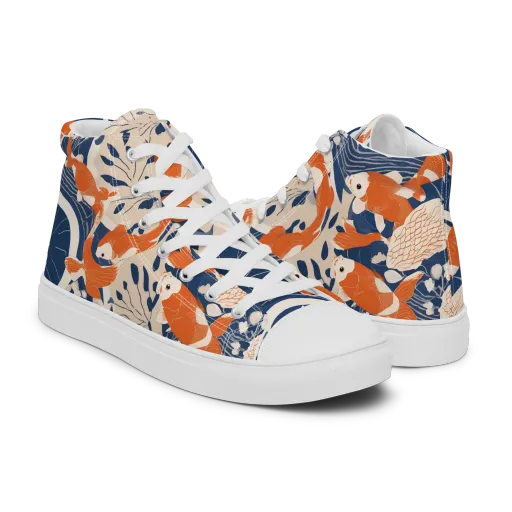 Indigo Koi Garden on a Men's High Top Canvas Shoes
