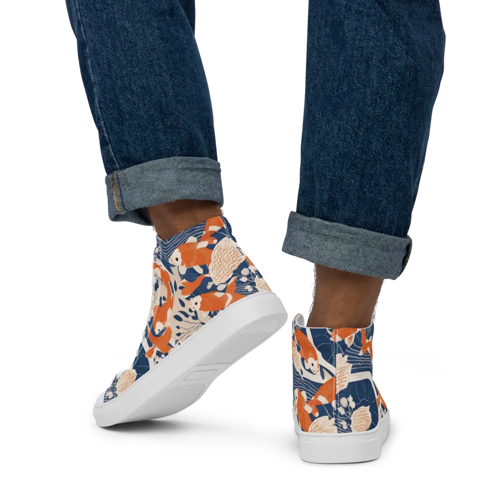 Indigo Koi Garden on Men's High Top Canvas Shoes — Back