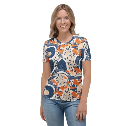 Indigo Koi Garden on a Women's Crew Neck T-Shirt