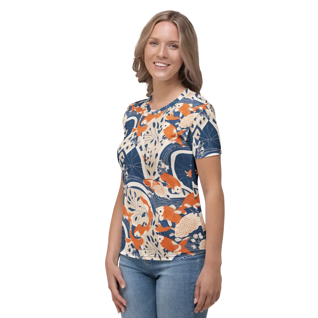 Indigo Koi Garden on Women's Crew Neck T-Shirt — Left