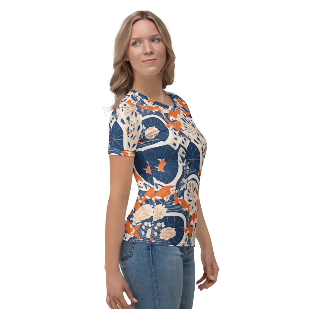 Indigo Koi Garden on Women's Crew Neck T-Shirt — Right