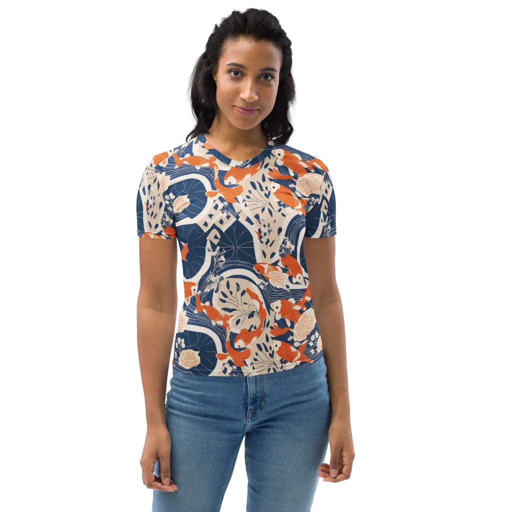 Indigo Koi Garden on Women's Crew Neck T-Shirt — Front