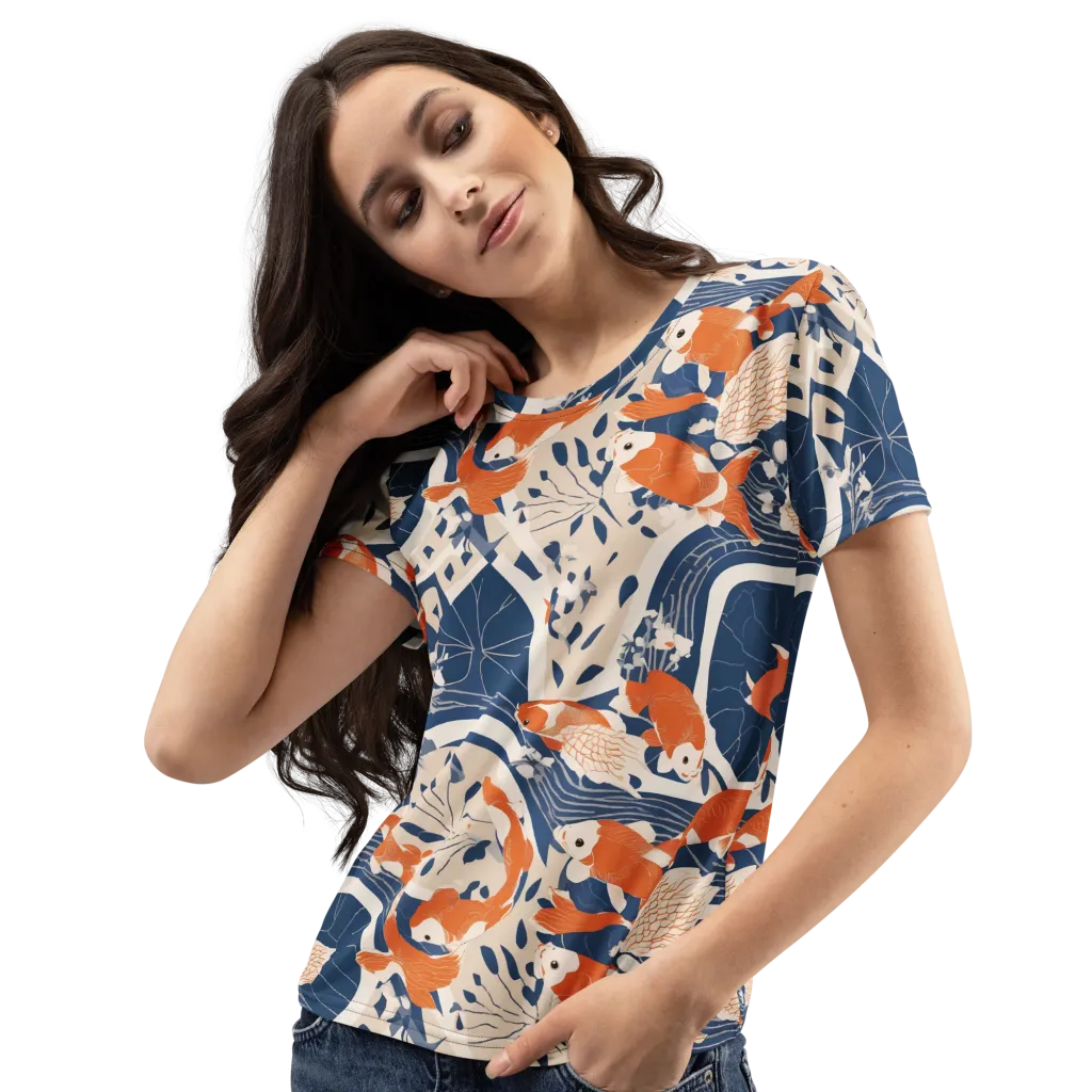 Indigo Koi Garden on Women's Crew Neck T-Shirt — Left Front