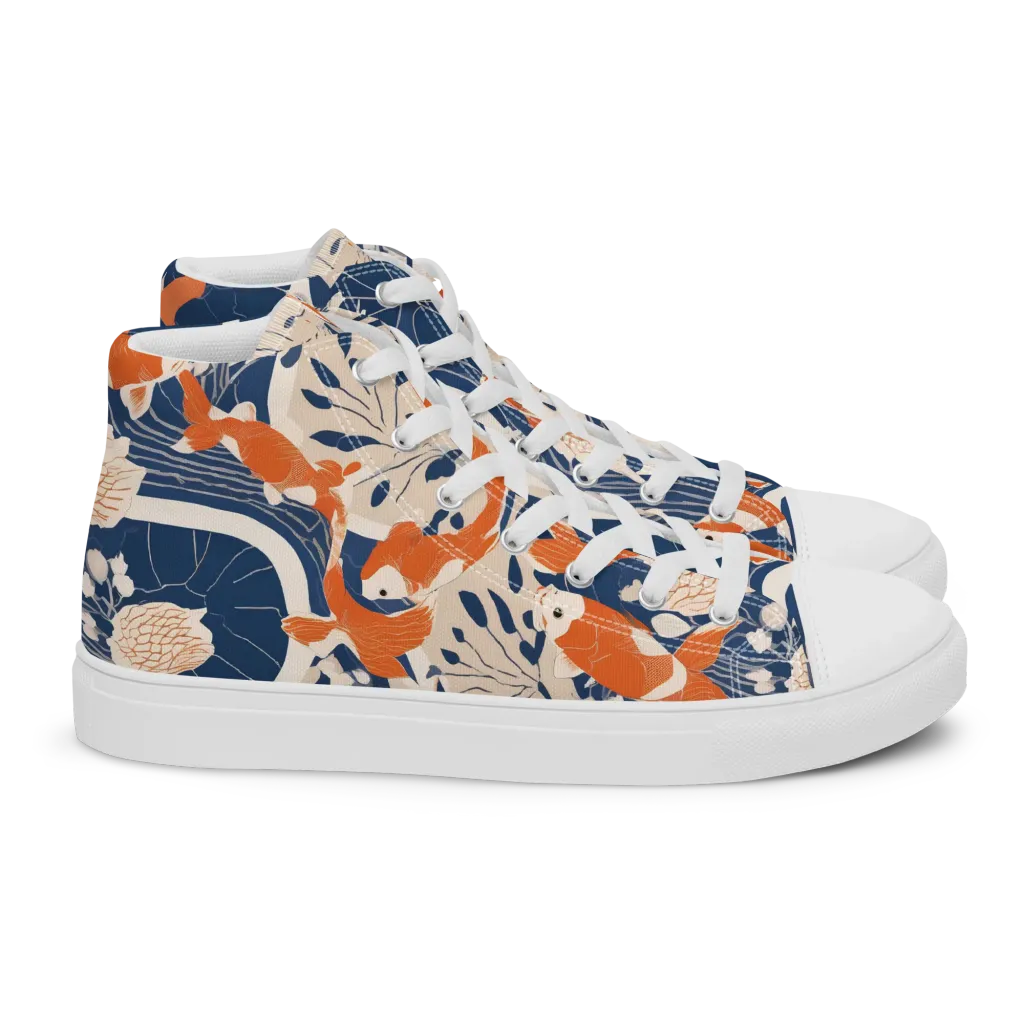 Indigo Koi Garden on Women's High Top Canvas Shoes — Right