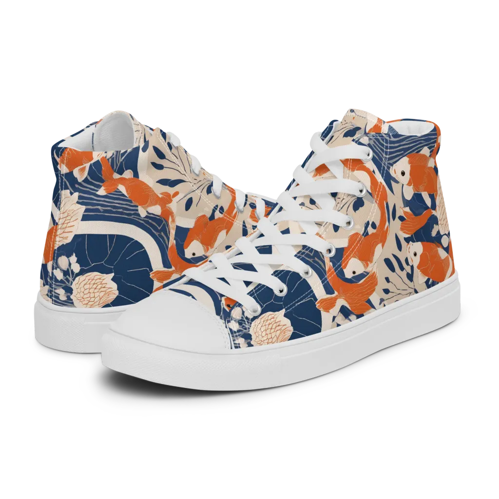 Indigo Koi Garden on Women's High Top Canvas Shoes — Left