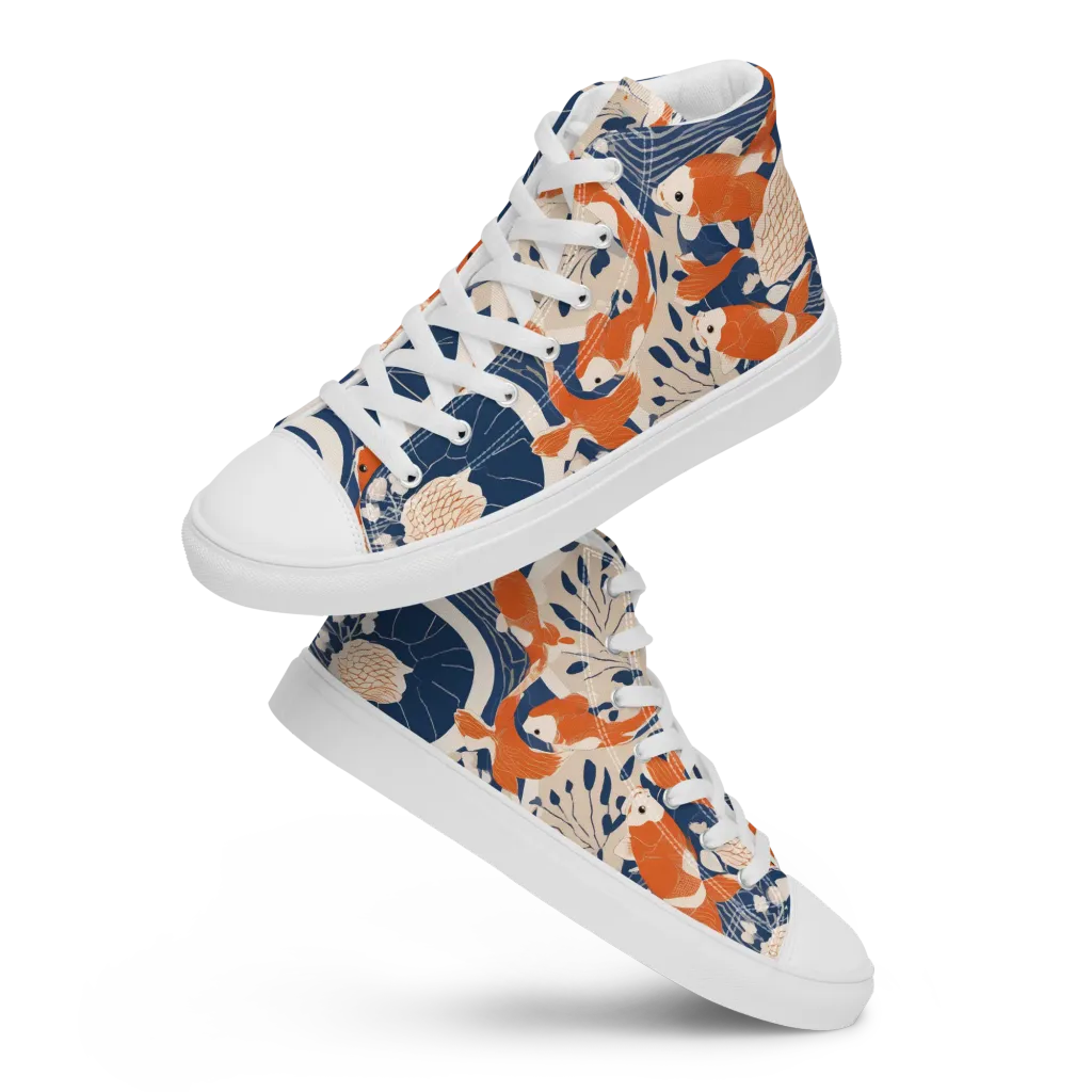 Indigo Koi Garden on Women's High Top Canvas Shoes — Front