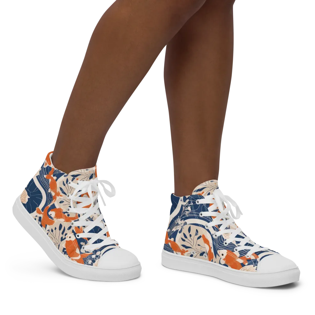 Indigo Koi Garden on Women's High Top Canvas Shoes — Right