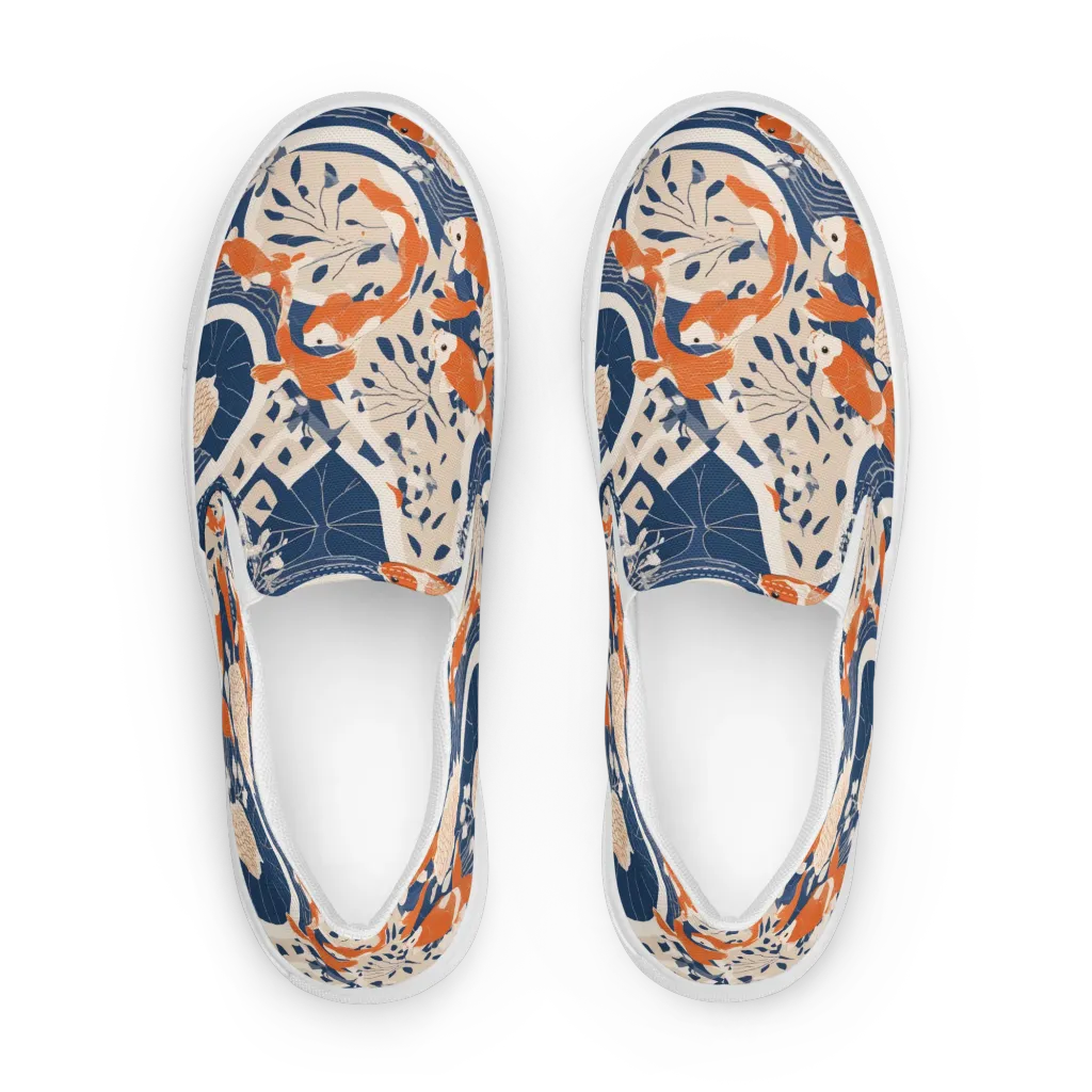 Indigo Koi Garden on Men's Slip-On Canvas Shoes — Front