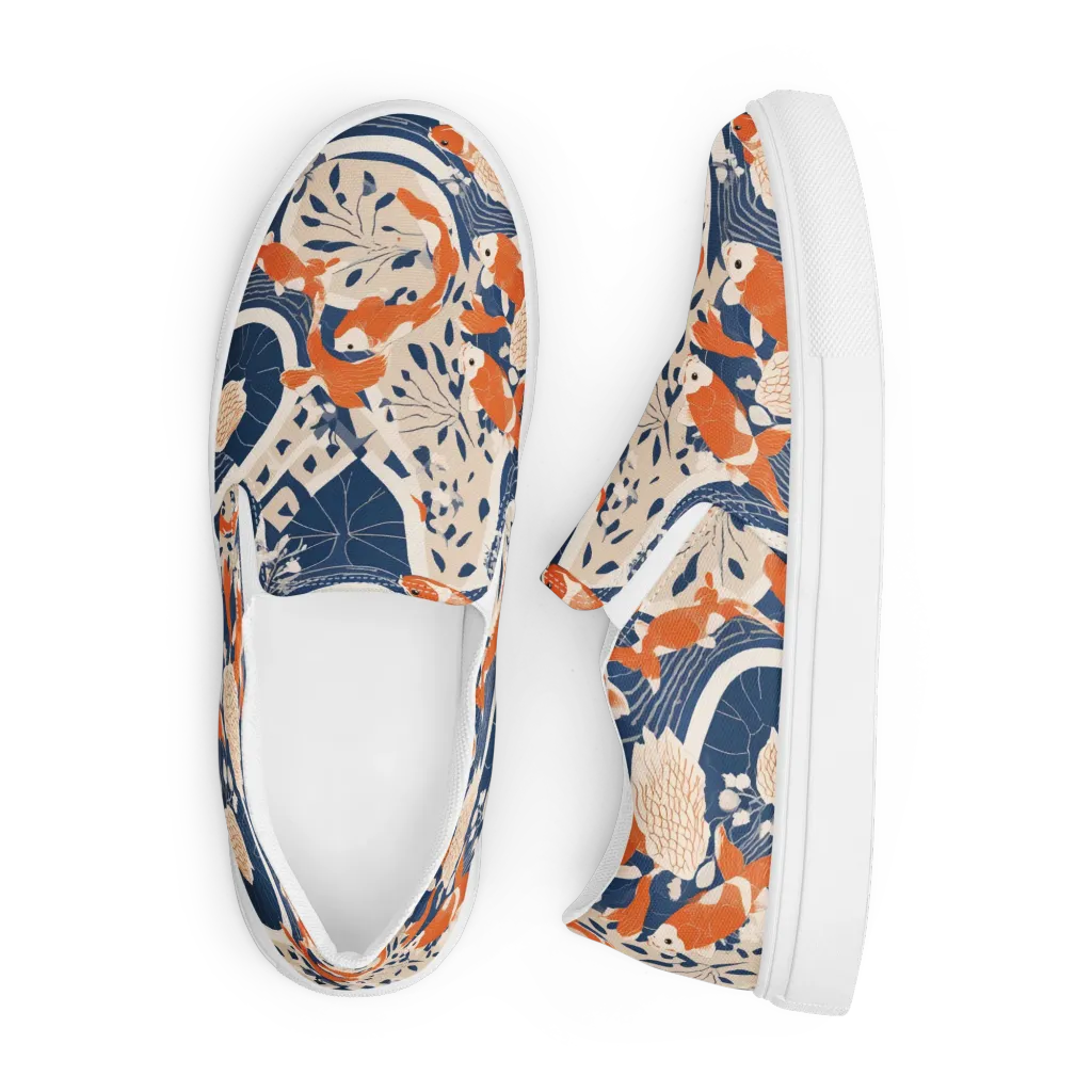 Indigo Koi Garden on Men's Slip-On Canvas Shoes — Front